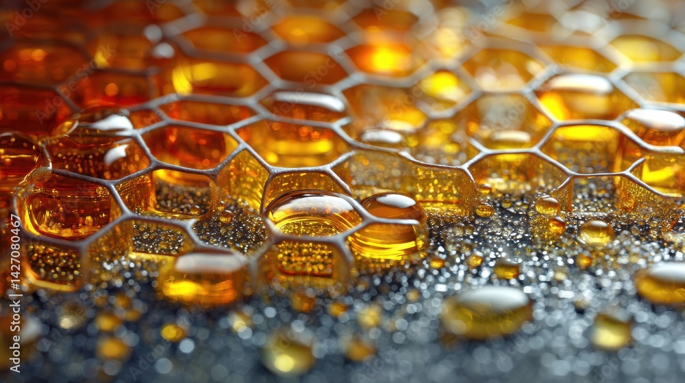 Poster macro view of honeycomb structure highlighting golden reflections of honey in intricate details