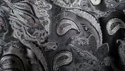 a sophisticated jacquard fabric texture background with intricate paisley patterns in silver and black the raised woven design and elegant motifs create a luxurious ornate and decorative textile
