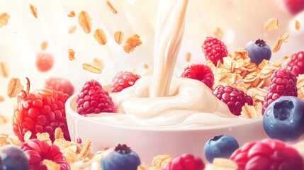 Yogurt with granola and mixed berries, milk pouring in