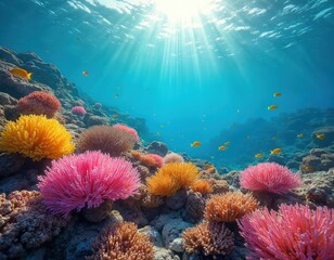 Obraz premium Vibrant coral reef underwater scene with colorful corals and fish. Biodiversity of marine ecosystem, ocean life environment. Beautiful marine nature landscape.