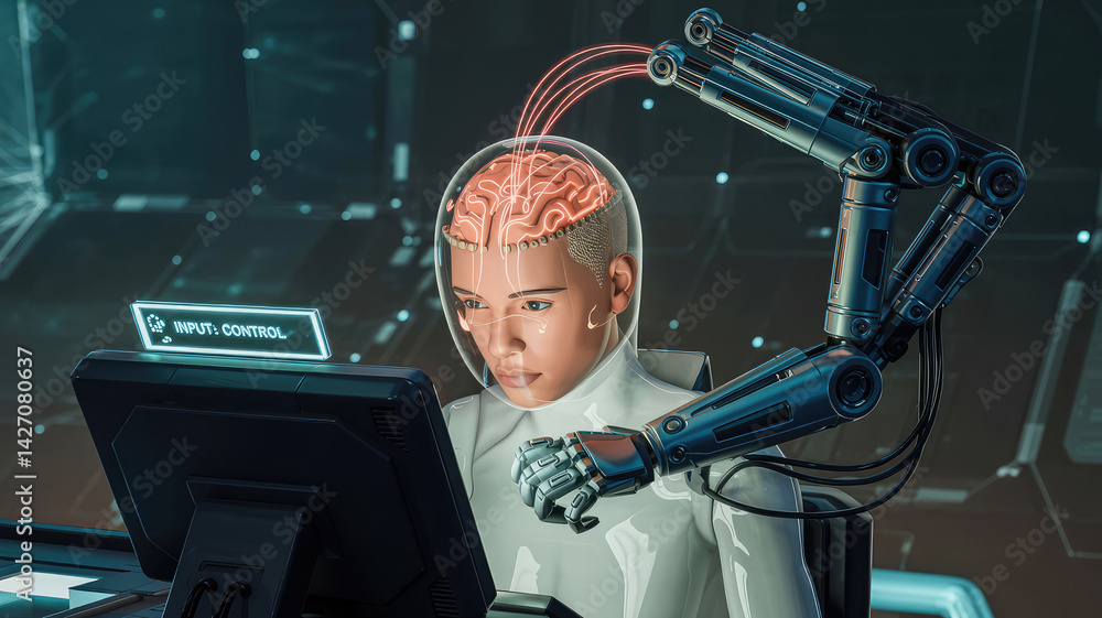 Aufkleber brain-machine interface: a futuristic scene depicts a person connected to a machine for direct brain