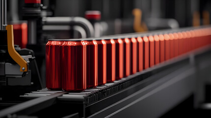 Naklejka premium Red Metal Cans Moving On Automated Conveyor Belt In Factory