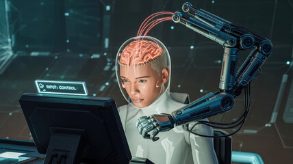 Brain-Machine Interface: A futuristic scene depicts a person connected to a machine for direct brain control