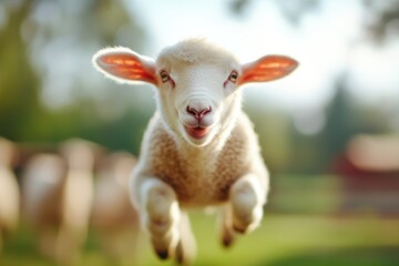 Fototapeta premium Leaping lamb farm animal young sheep wool agriculture happy green nature
