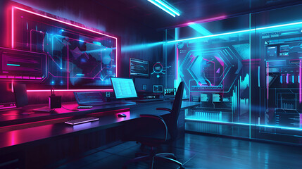 A futuristic control room with glowing neon lights and multiple computer screens displaying data charts .