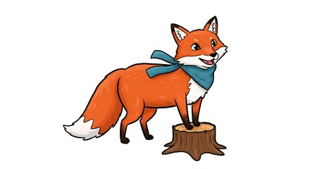 Obraz premium Stylish fox portrait on a tree stump with bandana, cartoon illustration
