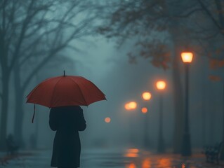 A lone figure holds a red umbrella walking through a misty park as gentle rain falls and soft light filters through the trees