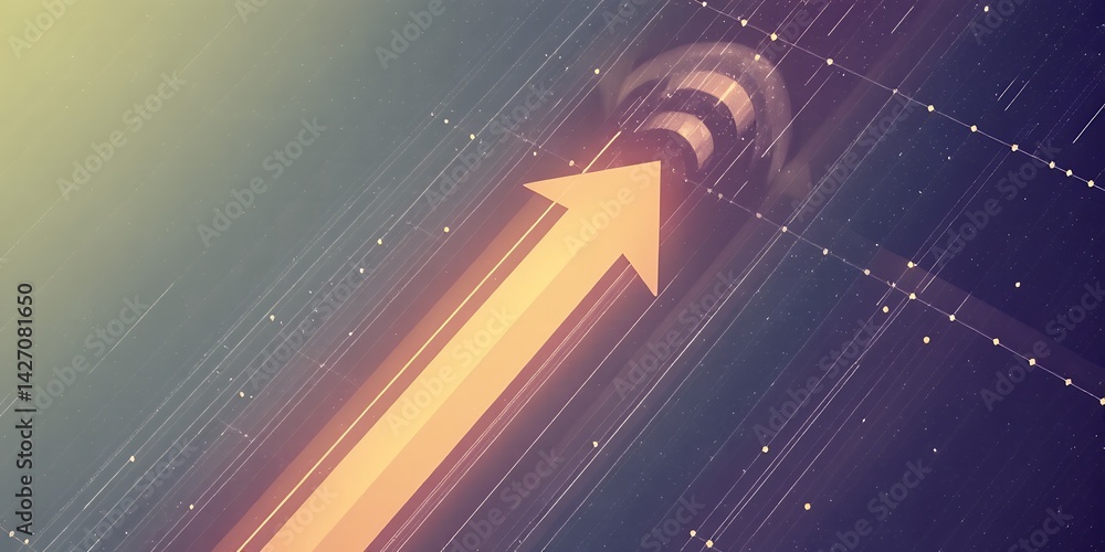 Aufkleber a vibrant arrow pointing upwards on a geometric background with glowing lines and particles