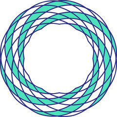 Circular and abstract logo, in two color, dark blue and green, with rounded and circular shapes forming swirl or garland