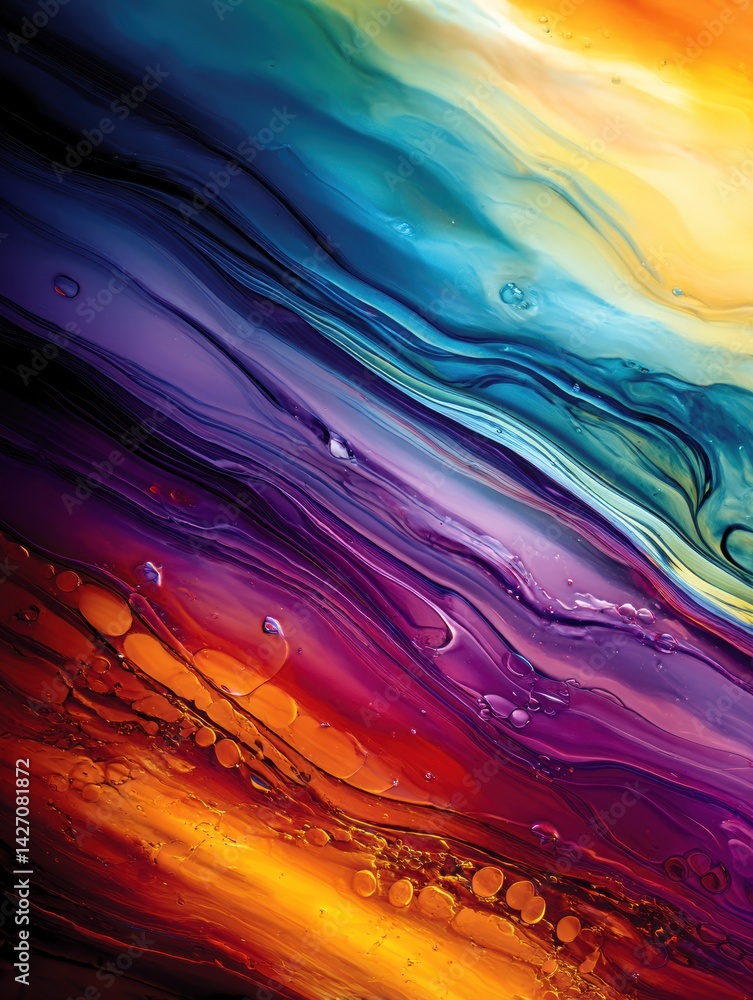 Poster oil slick texture creates vibrant background for product display with swirling colors and dynamic pa