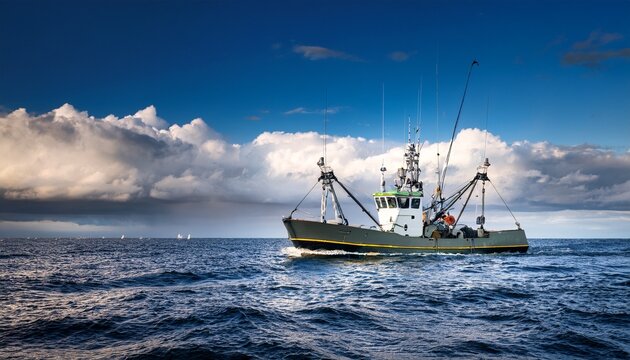 a longliner fishing boat in the open sea against a dramatic overcast sky above the horizon