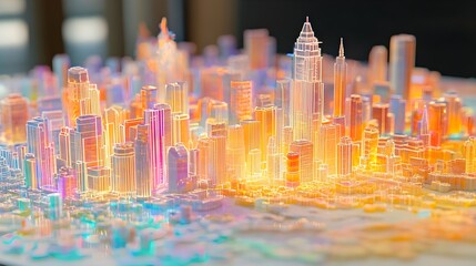 Futuristic abstract city model showcasing GIS geodata mapping concept with vibrant digital layers and intricate urban details