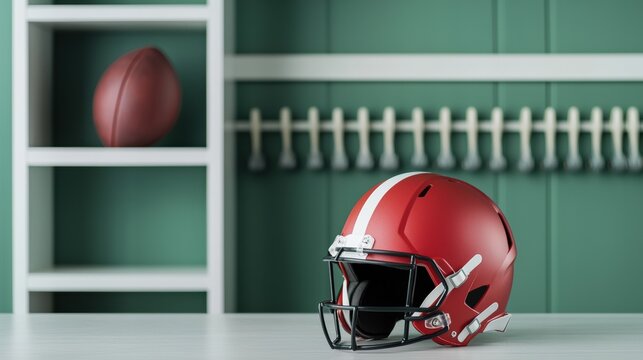 Football gear display helmet and ball on shelf sports equipment showcase in modern locker room