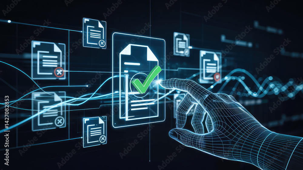 Aufkleber digital document verification: a futuristic illustration depicting a digital hand interacting with d