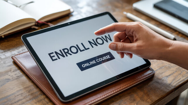 Digital Learning Invitation: A close-up view showcasing a hand interacting with a tablet displaying the text "Enroll Now," and "Online Course". A symbol of modern education and accessibility. 