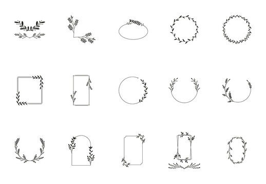 Black Hand Drawn Botanical Decorative Frames Icons Set