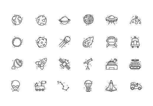 Black Minimalistic Space Universe Exploration Outline Icons Set