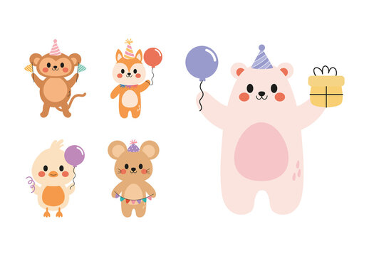 Colorful Cute Animal Birthday Celebration Illustration Set