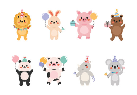 Colorful Happy Animal Character Birthday Party Illustration Set