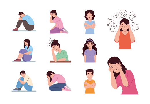 Colorful Mental Health Sad Characters Illustration Set