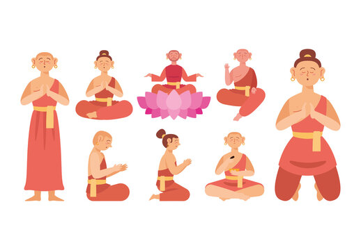 Colorful Meditating People Flat Buddhism Illustration Set