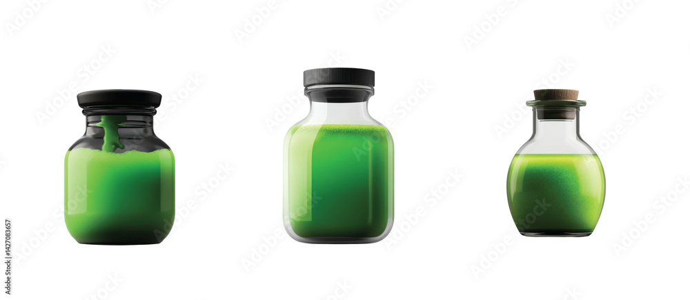 Poster three glass bottles of green liquid with different lids on display for comparison and study