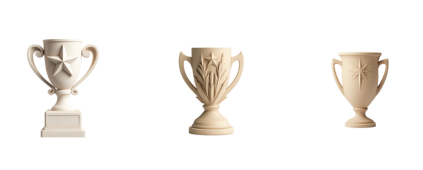 Three ornate trophy designs featuring intricate patterns and elegant shapes