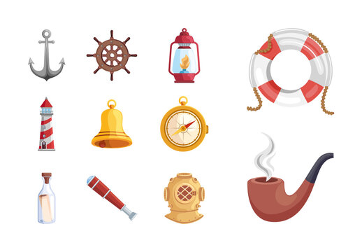 Colorful Vintage Nautical Exploration Marine Illustration Set