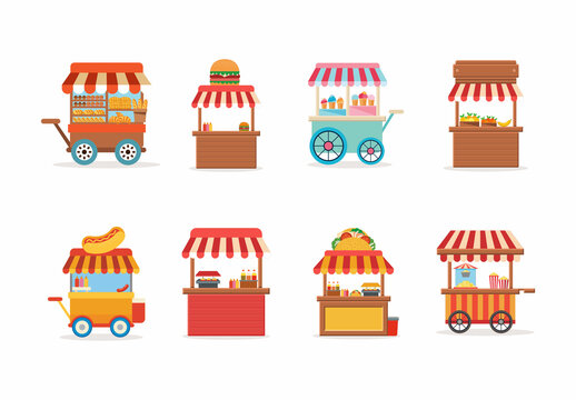 Colorful Urban Street Food Stands Market Illustration Set
