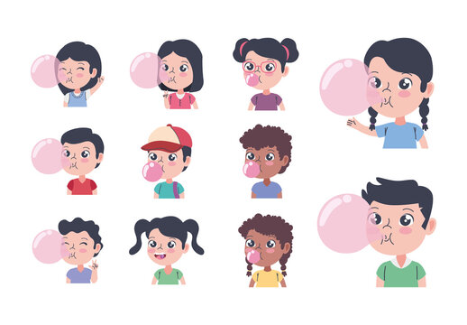 Colorful Children Blowing Bubble Gum Illustration Set