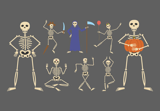 Funny Dancing Skeleton Characters Halloween Illustration Set
