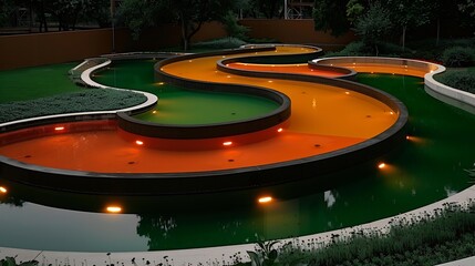 Futuristic water treatment plant with sleek curves eco friendly materials and illuminated pipelines showcases sustainable engineering and industrial design