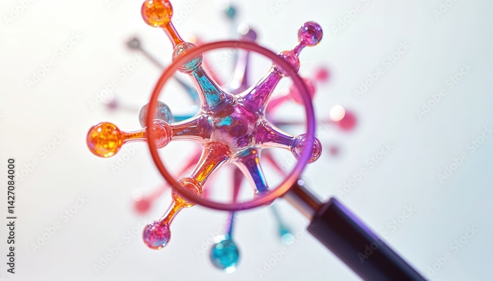 Aufkleber Abstract illustration of a magnified colorful molecule. 3D render of a molecular structure viewed through magnifying glass. Futuristic medical research, nanotechnology and biotechnology concepts.