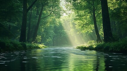 Fototapeta premium Serene Green Forest River Landscape Peaceful Nature Scene Tranquil Summer Morning Sunlight Rays Magical Forest Riverbank Lush Greenery Trees Sunlight 