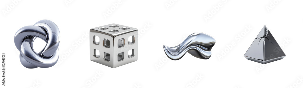 Poster polished metal shapes sculpture collection featuring cube pyramid twisted loop swoosh form