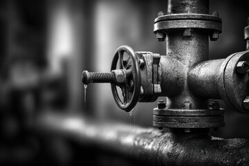Monochrome Dramatic Shot Depicting a Valve Under High Pressure Symbolizing Power and Control in an Industrial Setting