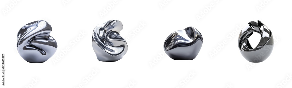 Poster abstract metallic sculptures with curved shapes in various twisting configurations