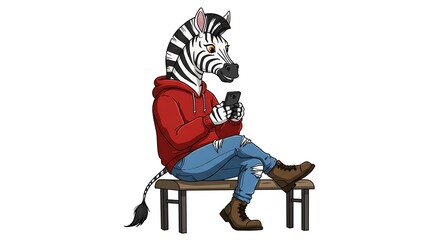 Fototapeta premium Illustration of a fashionable zebra texting on a smartphone while resting on a bench