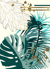 Luxury Tropical Botanical Wall Art. Elegant Green and Gold Monstera, Palm Leaves, and Exotic Flower Illustration. Modern Digital Print for Stylish Interior and Home Decor.