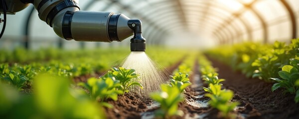 Automated robot waters organic plants in agricultural company greenhouse. Modern robotic arm sprays water on vegetable sprouts. Smart farming tech, agriculture industry, innovation concept,