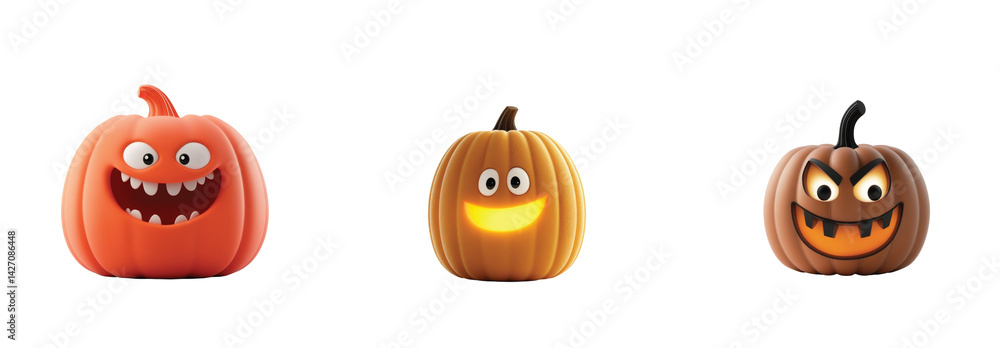 Poster three pumpkins showing different funny faces with unique expressions
