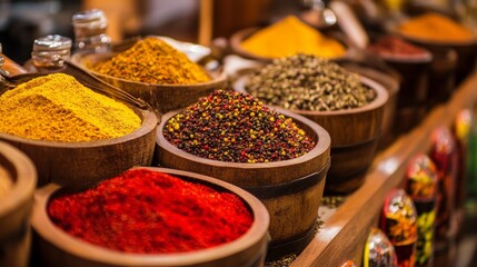 Fototapeta premium Colorful spices in bowls at traditional spice market