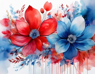 Obraz premium abstract watercolor art with vibrant red and blue flowers on white background