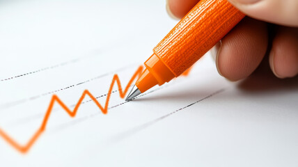 Hand drawing an orange zigzag line graph on paper for analysis.