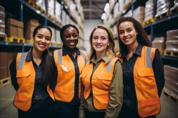 Smiling portrait of a diverse group of female warehouse workers and managers working in a warehouse