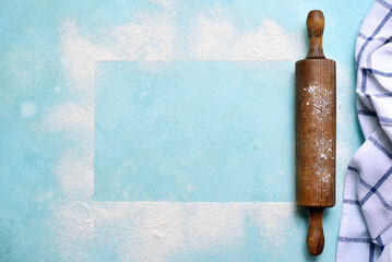 Culinary background with ingredients for baking . Top view with copy space.