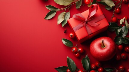 Red festive background with gift box and apple for holiday themes