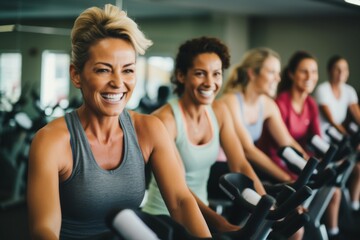 Fototapeta premium Smiling portrait of a group of senior women in sports clothes in a gym