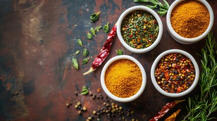 Flat lay of colorful spices and herbs on dark textured surface