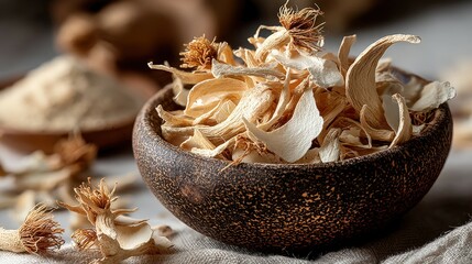 Siberian ginseng root shavings in a handmade ceramic bowl with textured details